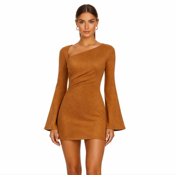 Commense Dresses & Skirts - Commense Faux Suede Caramel Bell Sleeve Mini Dress New Size S
